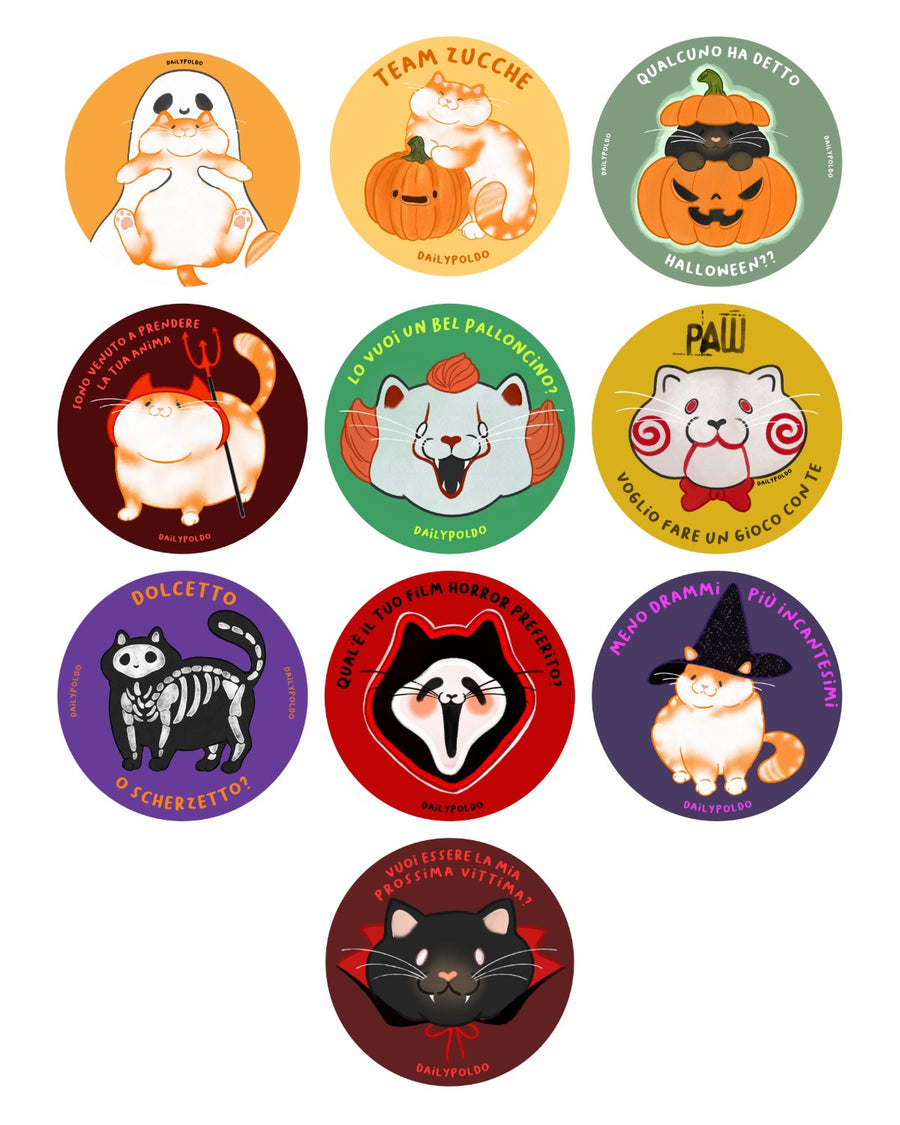 Dieci sticker rotondi di Halloween: Poldo e Bit gatti travestiti da fantasma, zucca, diavolo, strega, scheletro e mostri…