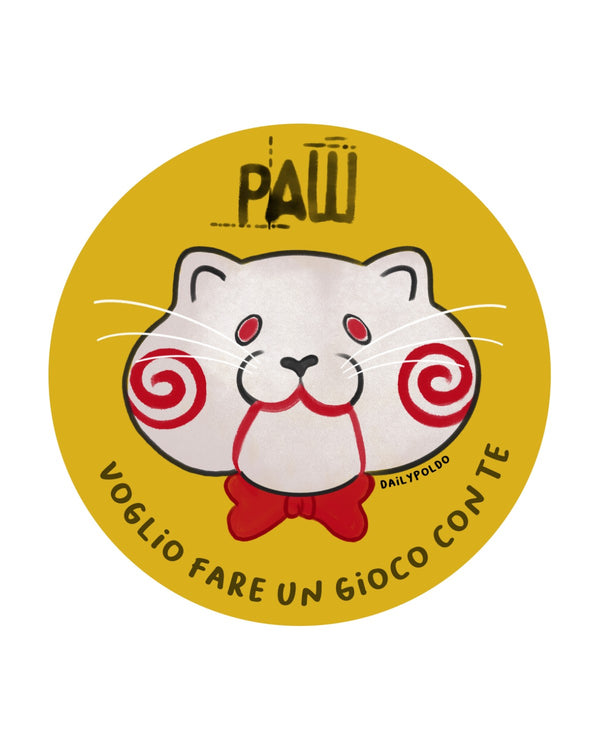 Gatto con faccia bianca, occhi rossi, spirali rosse sulle guance e papillon rosso su sfondo giallo, scritta Voglio fare un…